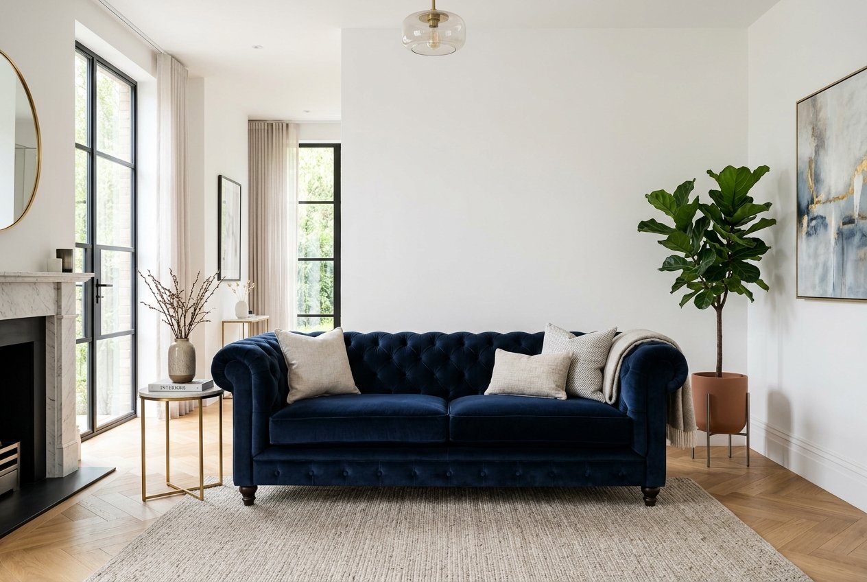 Sala realista com sofá higienizado pela Pureza Duo